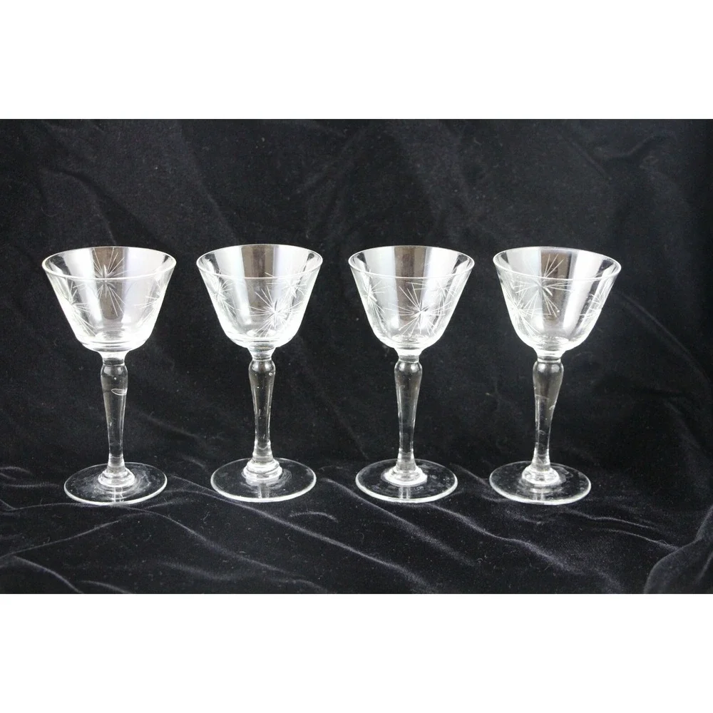 Atomic Starburst Stemmed Wine Glasses Set of 4 MCM  3 Oz 5 5/8